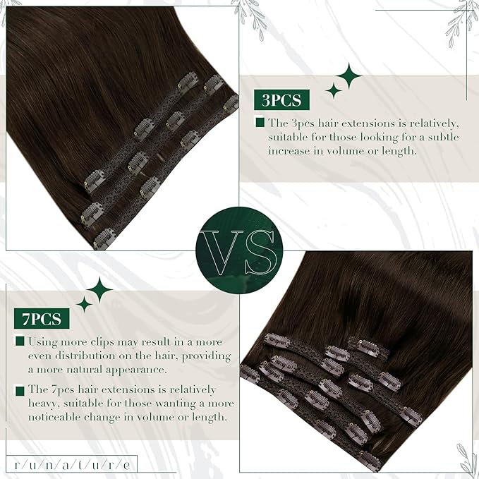 RUNATURE Clip in Hair Extensions Real Human Hair, Brown Hair Extensions Clip Ins, Double Weft Human Hair Clip in Extensions, Remy Natural Hair, Add Hair Length, 18 Inch 50g 3pcs #2 Dark Brown