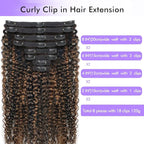 FB30 Highlight Ombre Curly Clip In Extension Human Hair 3C 4A Kinky Curly Clip Ins Full Head for Black Women Brazilian Remy Human Hair Balayage Brown 8Pcs with18clips 120g/Set (26 inch)