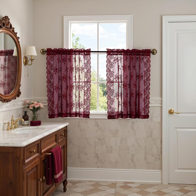 Kotile Burgundy Sheer Lace Curtains - Image 7