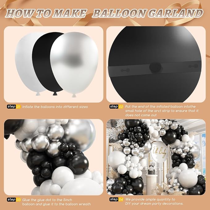412Pcs Black and Silver White Balloon Arch Kit, 18 12 10 5 Inch Different Size - Image 3