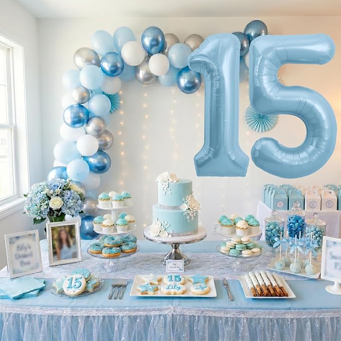 TONIFUL 40 Inch Pastel Blue Number 15 Foil Balloons Large Mylar Foil Digital 15 - Image 4