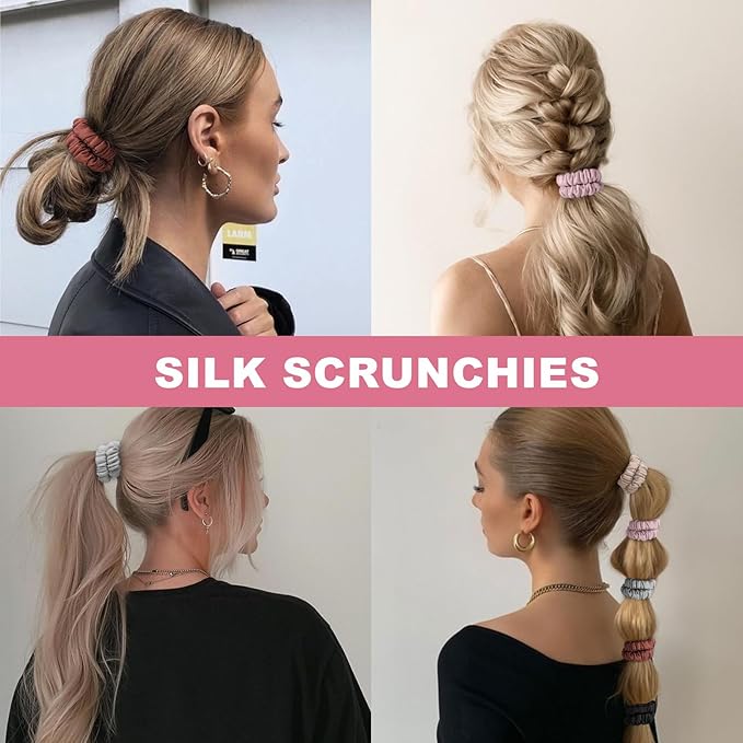 6Pcs Silk Hair Ties Small 22 Momme 100% Pure Mulberry Silk Scrunchies for Women Girls Thin Skinny Hair Sleep Scrunchies No Damage(Color 14)