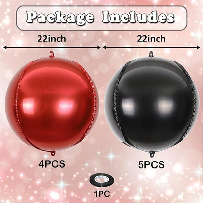 9 Pcs Black Red Round Foil Balloons Halloween Balloon | 22 In Black Metallic - Image 2
