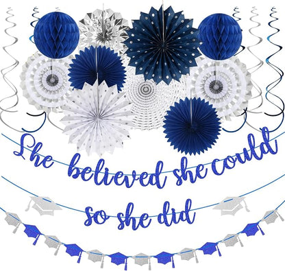 Navy-Blue Silver Party-Decorations Graduation Banner-Streamers by Panduola