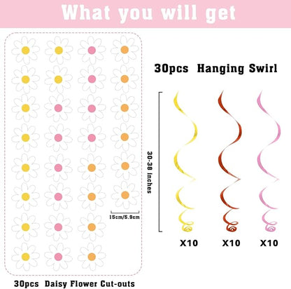 60pcs Daisy Flower Hanging Swirls White Daisy Garland Banners Foil Ceiling - Image 2