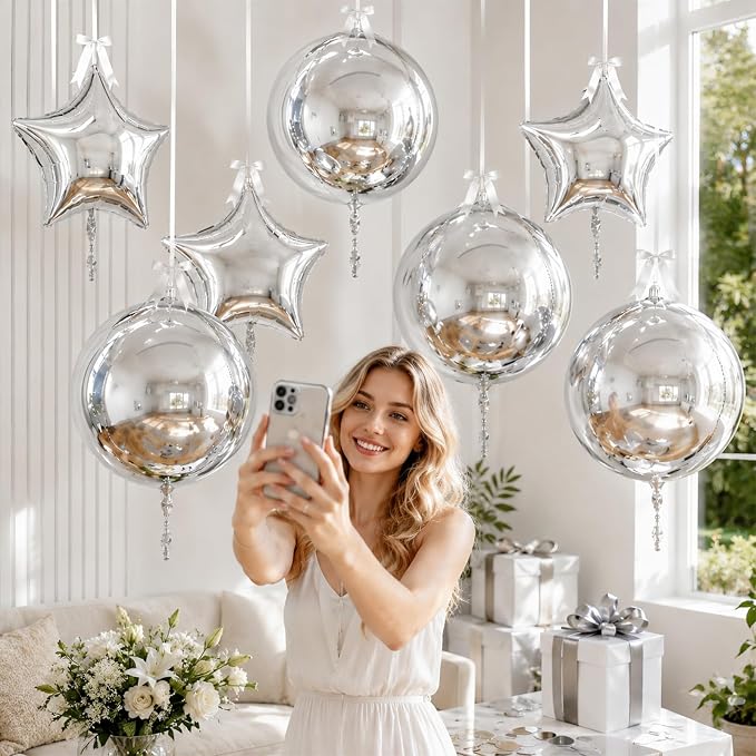 9 Pcs Silver Round Foil Balloons and Star Balloons 22/18 4D Ball Balloon - Image 4
