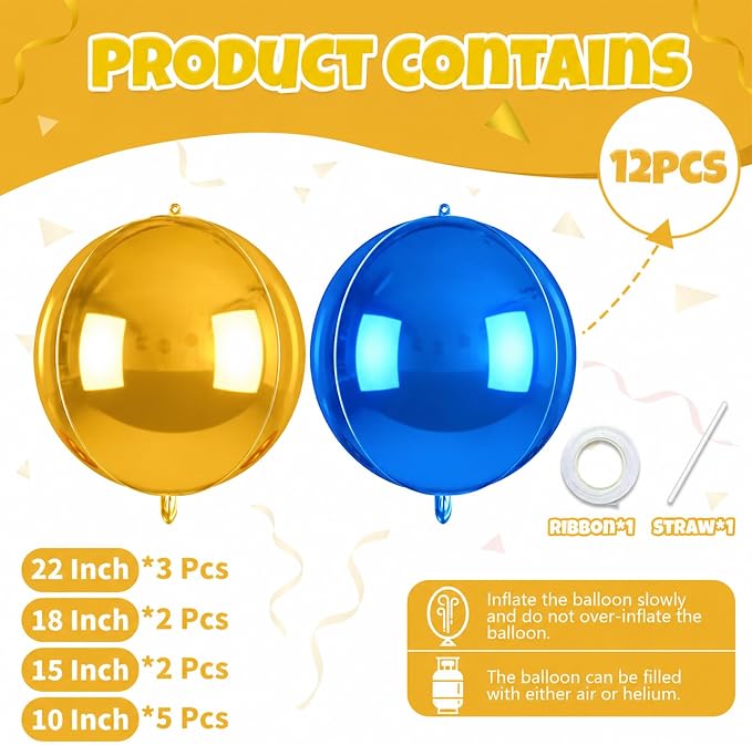 Biapian Blue and Gold Round Balloons Foil, Metallic Gold Blue Large Balloons - Image 2