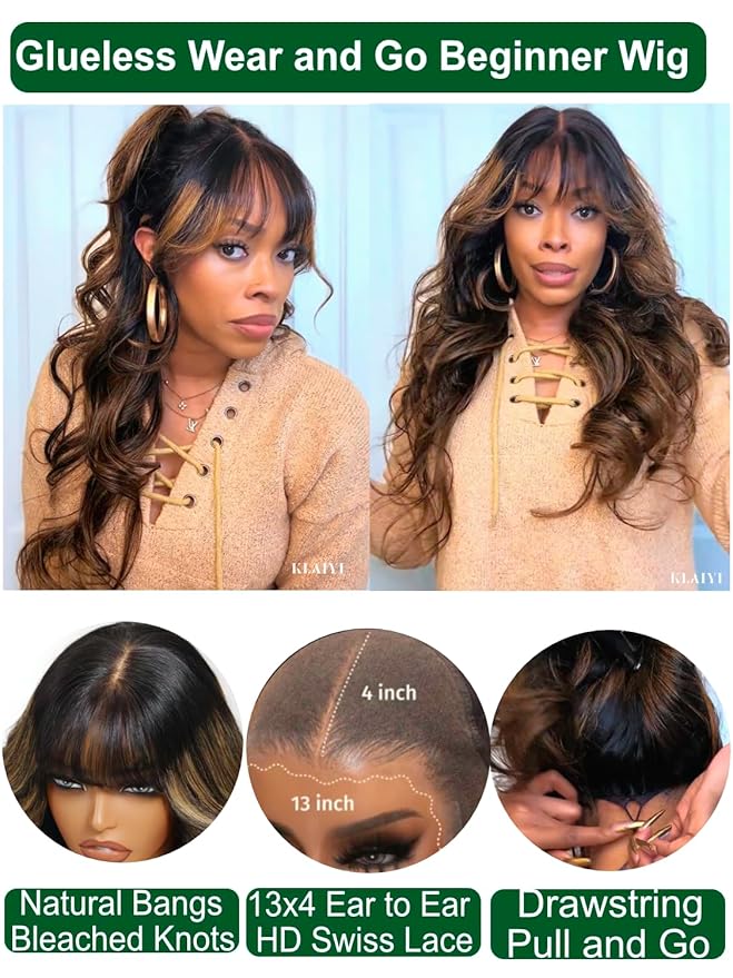 KLAIYI Ombre Brown Loose Body Wave Pre Everything Glueless 13x4 HD Lace Front Human Hair Wig with Natural Bang Highlight Balayage Brown Precut Lace Pre Plucked Bye Bye Knots Drawstring Wig 180% 24Inch