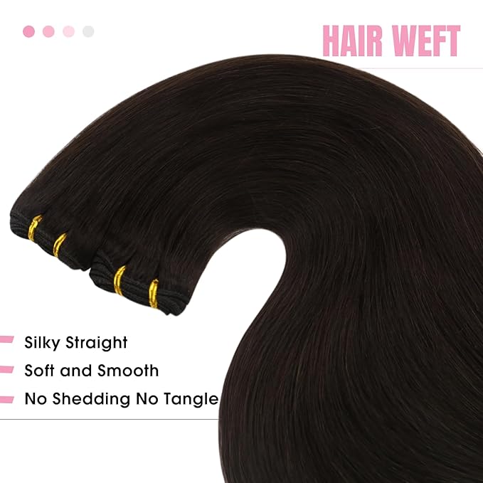 YoungSee 125G Sew in Hair Extensions Real Human Hair Darkest Brown Hand Tied Weft Hair Extensions Human Hair Dark Brown Human Hair Extensions Sew in 22Inch