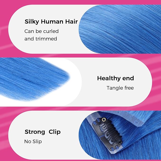 Lashey Seamless Clip in Hair Extensions Human Hair 37g 4pcs Blue Hair Extensions Real Human Hair 14 Inch Straight Hair Extension Clips with PU Soft Invisi Edge