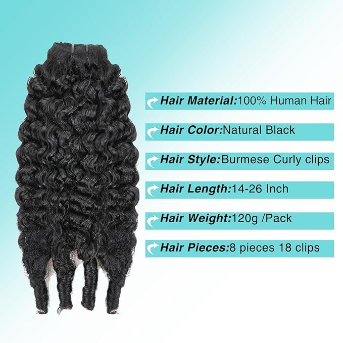 Burmese Curly Clip In Hair Extensions Real Human Hair 8pcs 120g/Set Spirally Curly Classic Clips Ins Full Head For Black Women 22 Inch Natural Black