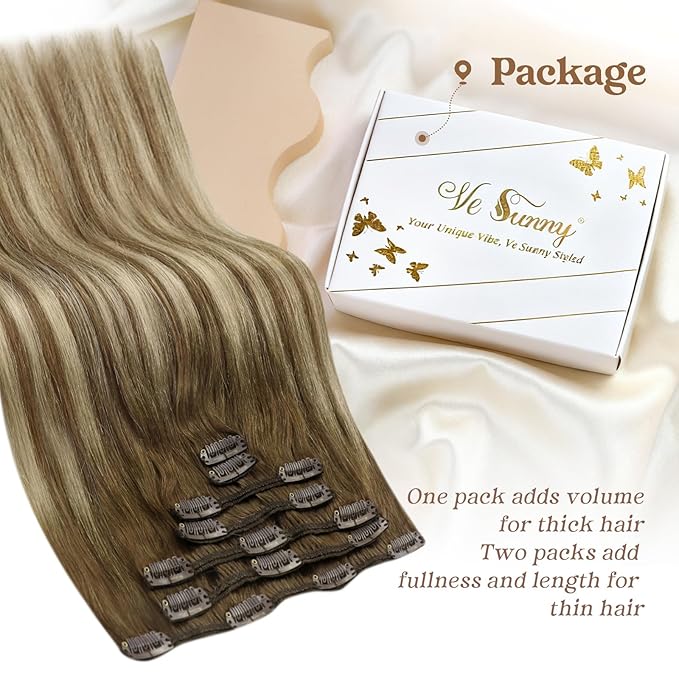 Ve Sunny Clip in Human Hair Extensions Balayage Clip on Hair Extensions Chestnut Brown with Blonde Ombre Clip in Extensions Human Hair Double Weft Remy Human Hair 18inch 7pcs 120g