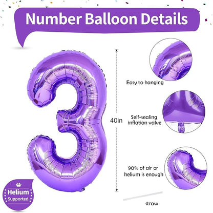 3rd Birthday Number Balloons for Kids, Self Inflating 40 Inch Purple Foil - Image 3