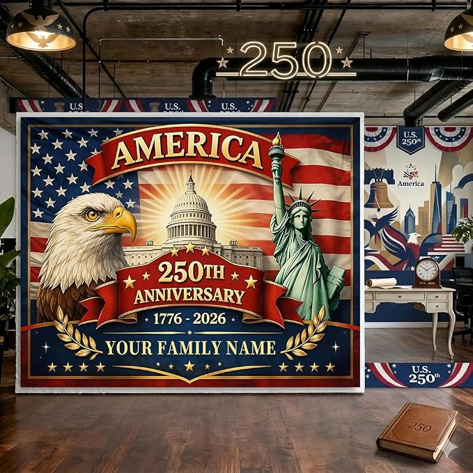 Custom American 250th Anniversary Flag Backdrop 1776-2026, Personalized 250 by Acoweno
