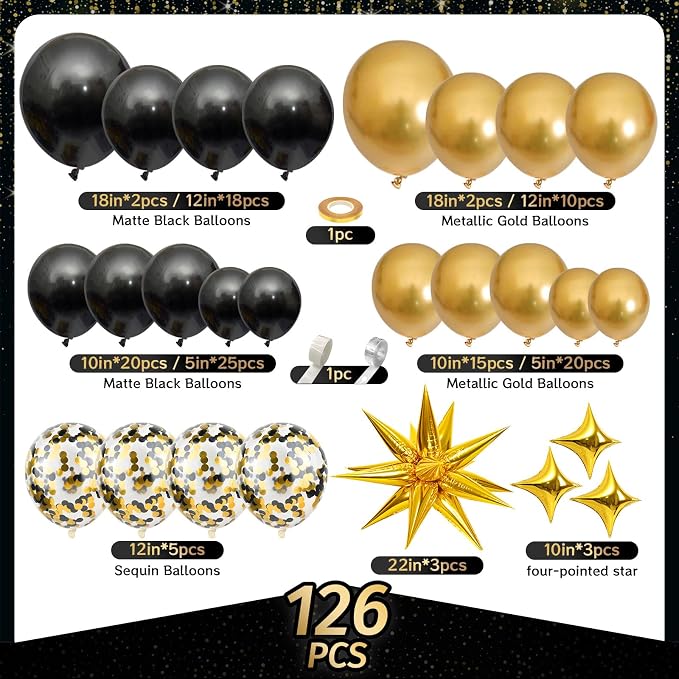 AivaToba 126PCS Black and Gold Balloon Arch Kit 2026 Party Decoration | Black - Image 2