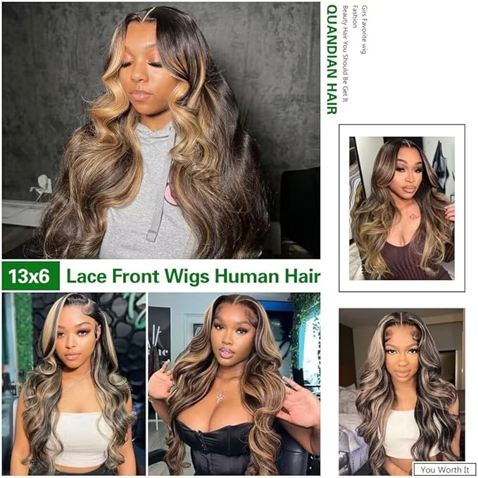 32 Inch Balayage Highlight Lace Front Wig Human Hair FB/27 Body Wave Lace Front Wigs Human Hair 13x6 HD Lace Glueless Wig for Black Women 180% Density Honey Blonde Balayage Wig Human Hair
