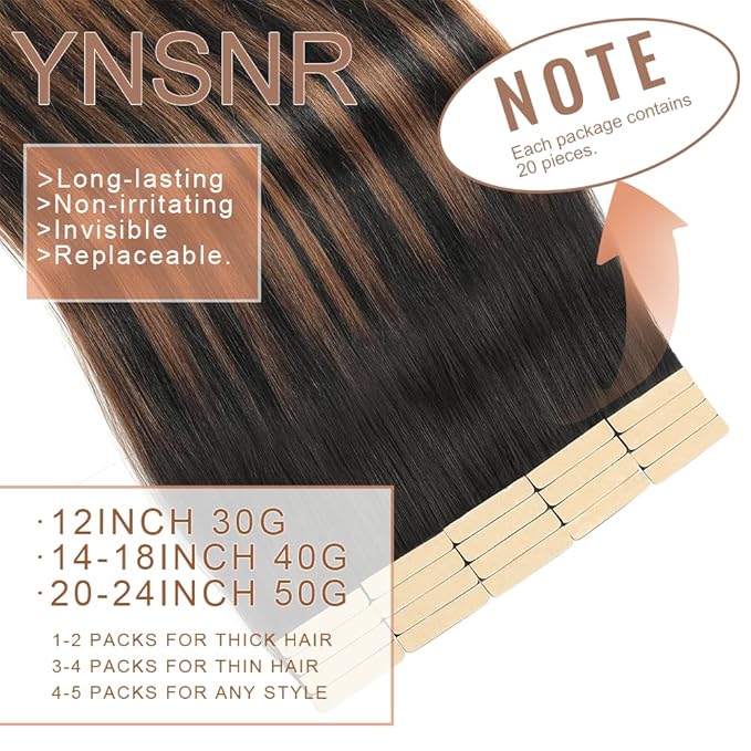 Natural Black Mixed Chestnut Brown Tape in Hair Extensions Human Hair,14 Inch Human Hair Tape in Extensions 20Pcs Tape Ins Human Hair for Women Seamless Tape in Hair Extensions Real Human Hair