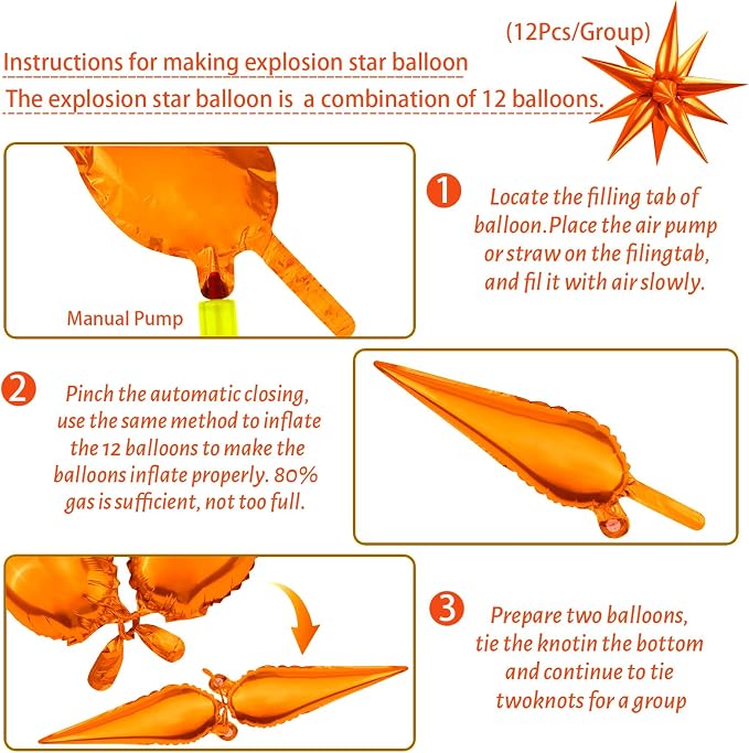 Star Foil Balloons 12 Point Cone Explosion Star Foil Balloons | 60 Pcs Orange - Image 3