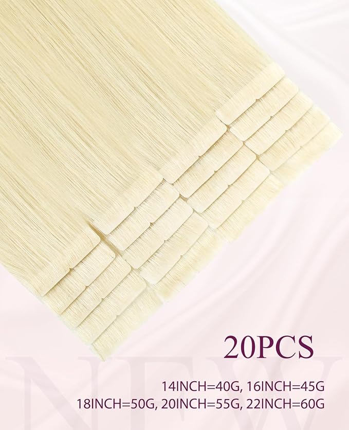 Pinkpearl Invisible Tape in Hair Extensions Human Hair, 20pcs 16inch 45g #60 Platinum Blonde Injection Tape in Extensions Real Remy Straight Seamless Silky Human Hair Injected