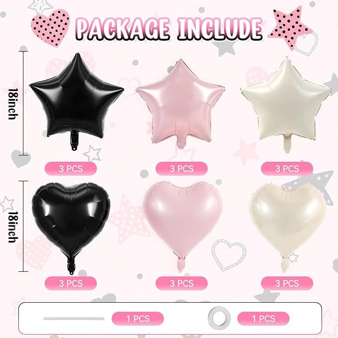 TONIFUL 18 Inch Pink and Black Star and Heart Foil Balloons - Image 2