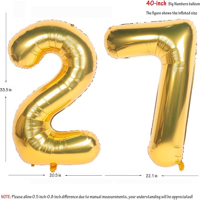 40 Inch gold Number Balloons 27 Helium Foil Mylar Balloon | Birthday Party - Image 2