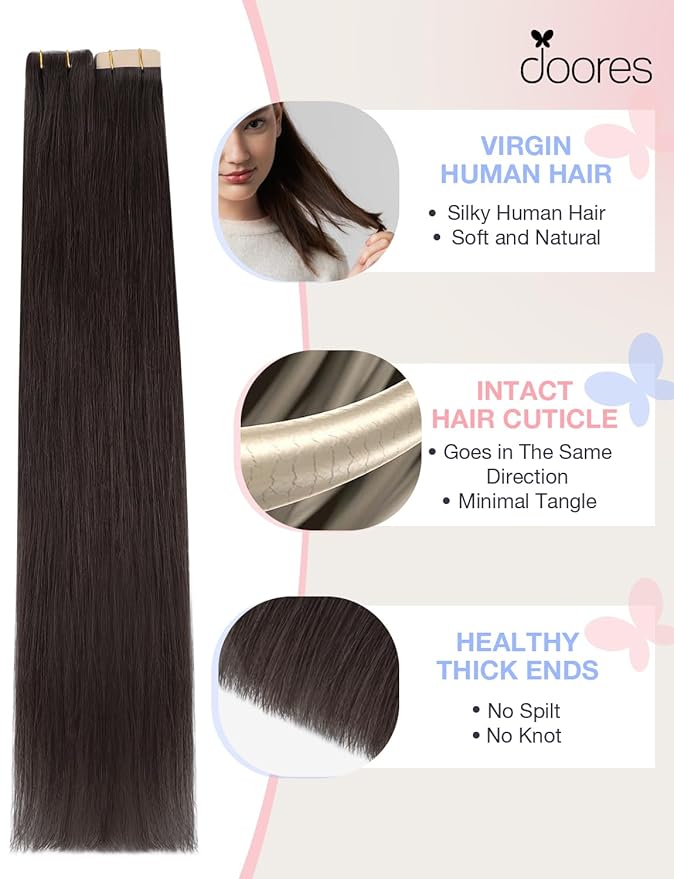 DOORES Injected Tape in Hair Extensions Real Human Hair Invisi Edge, Dark Brown 10 Injection Tape-ins with 10 Classic Tape-ins 50g 20 Inch, Virgin Human Injection Tape in Extension
