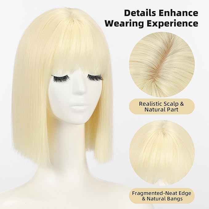 Allbell Platinum Wigs for Women Short Bob with Bangs Heat Resistant Synthetic Hair 12 inch for Daily Party Halloween Costume Use