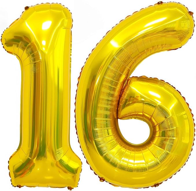 Gold 16 Balloon Number, 40 Inch Number 16 Balloon Large Gold Foil Mylar Helium by BBPOOL