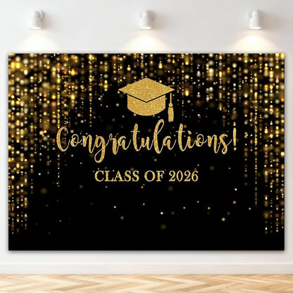Mocsicka Class of 2026 Backdrop Black Gold Glitter Bokeh Graduation Party by Mocsicka
