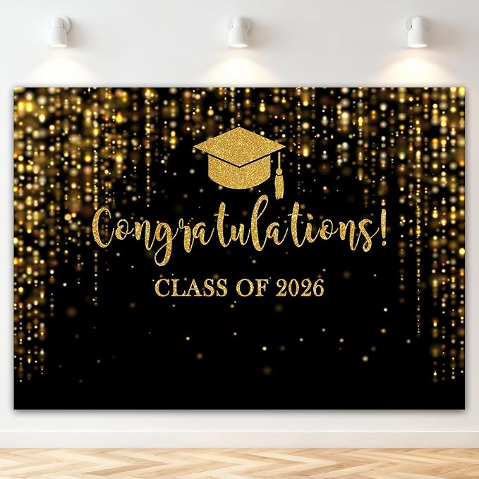 Mocsicka Class of 2026 Backdrop Black Gold Glitter Bokeh Graduation Party by Mocsicka