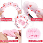 Zkptops Spa Headband for Washing Face Wristband Set Sponge Makeup Skincare Headband Velvet Fabric Bubble Soft Get Ready Hairbands for Women Puffy Headwear Non Slip Thick Thin Hair Accessory (Cherries)