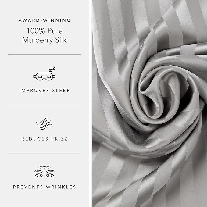 Fishers Finery 25mm 100% Pure Mulberry Silk Pillowcase Set (Gray Stripe King 2 Pack)
