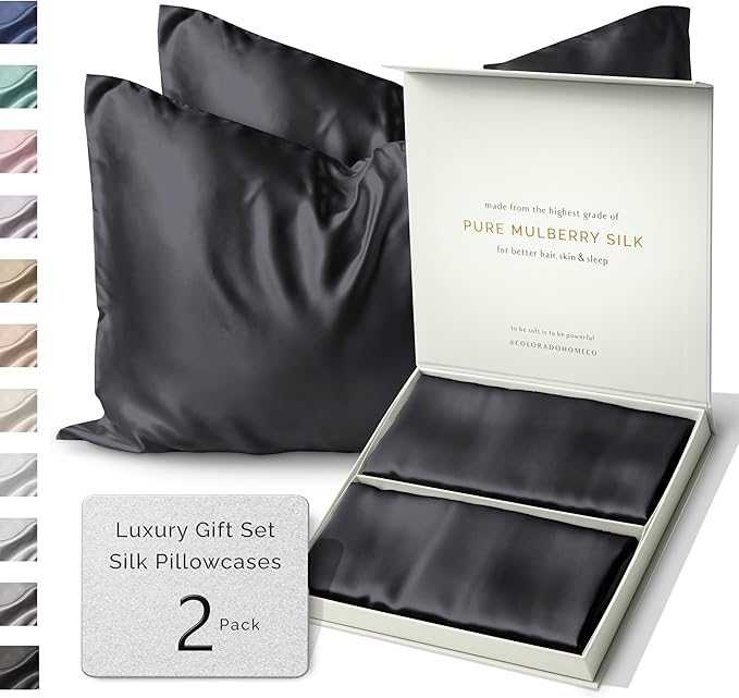 SUNDAYSILKS™ | Silk Pillow Cases 2 PACK | 22 Momme Mulberry Silk Pillowcase Set of 2 | All Sides 100% Pure Silk Slip Pillowcases Bliss for Women, Zipper, Standard Queen, King Size, 6A [Midnight Black]
