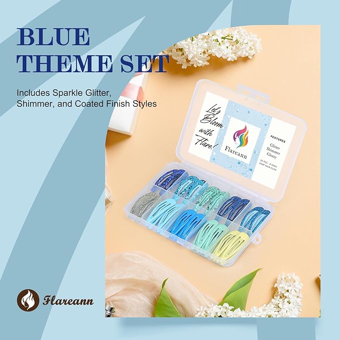 Ocean Blue Snap Hair Clips by FLAREANN – 36 PCS 2 Inch Non-Slip Metal Barrettes for Girls & Women in Glitter, Shimmer & Glossy Finishes – Cool Blue Hair Accessories for Everyday Styling