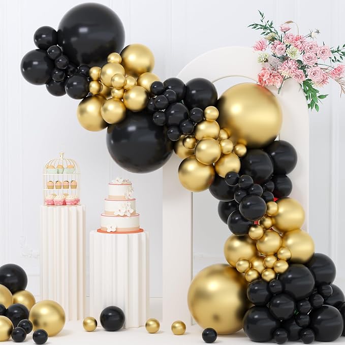 135pcs Black and Gold Balloons Different Sizes 18 12 10 5 Inch Chrome Metallic by YISHEBAPA