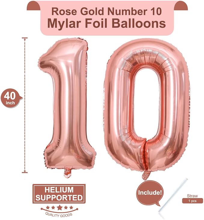 40 Inch Rose Gold 10 Number Balloons Giant 10 Balloons Rose Gold Birthday 10 - Image 2
