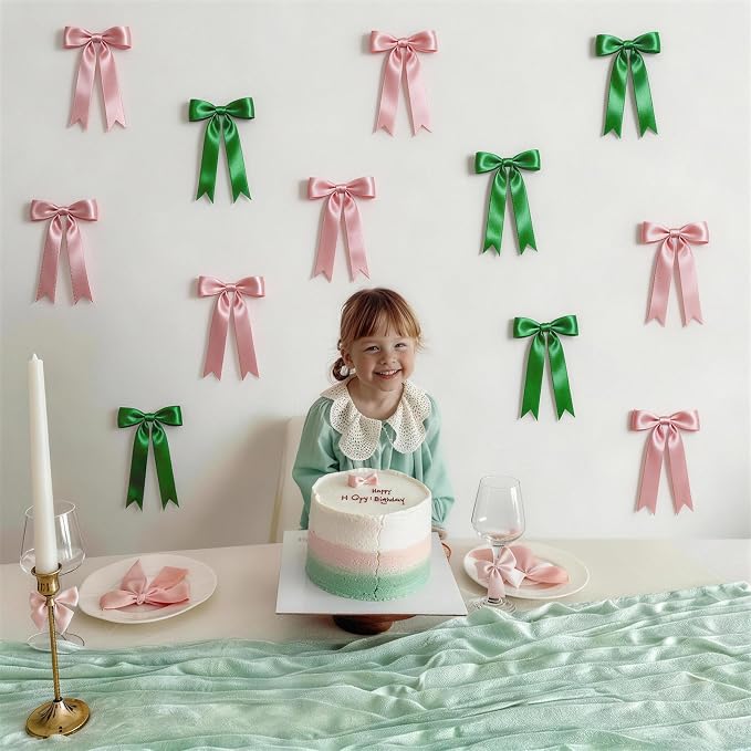 2 Strings Pink & Green Bow Garland Banner Decorations - Image 7