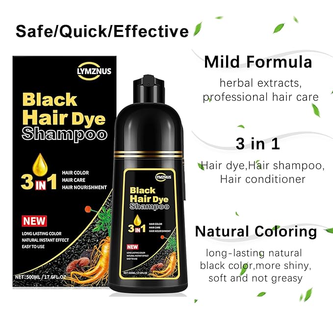 Herbal Black Hair Dye Shampoo 3 in 1 for Gray Hair, Instant Hair Color Shampoo for Women & Men, Black Hair Shampoo for 100% Grey Coverage 500ML