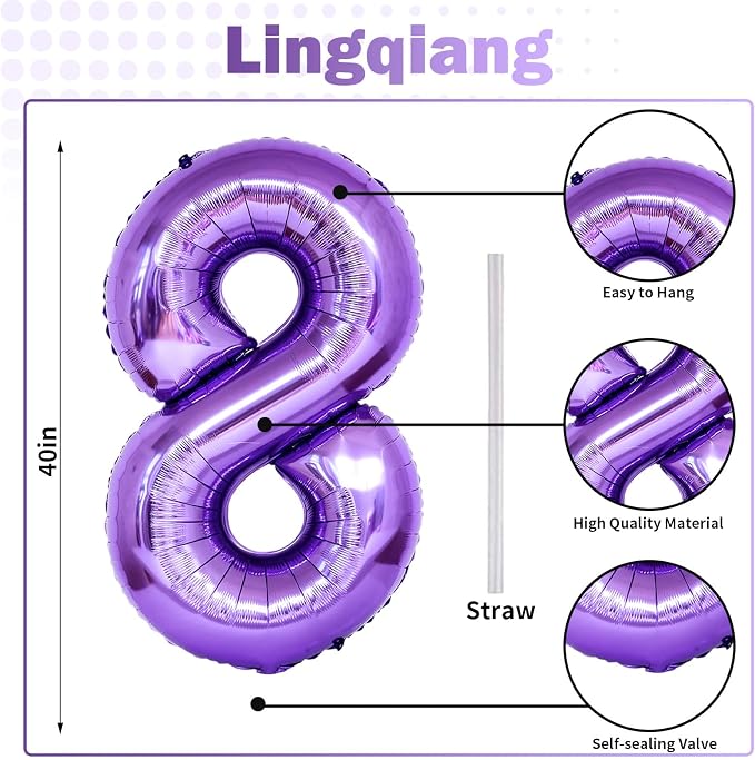 80th Birthday Balloons Purple for Women, 40 Inch Giant Purple Mylar Foil Number - Image 2
