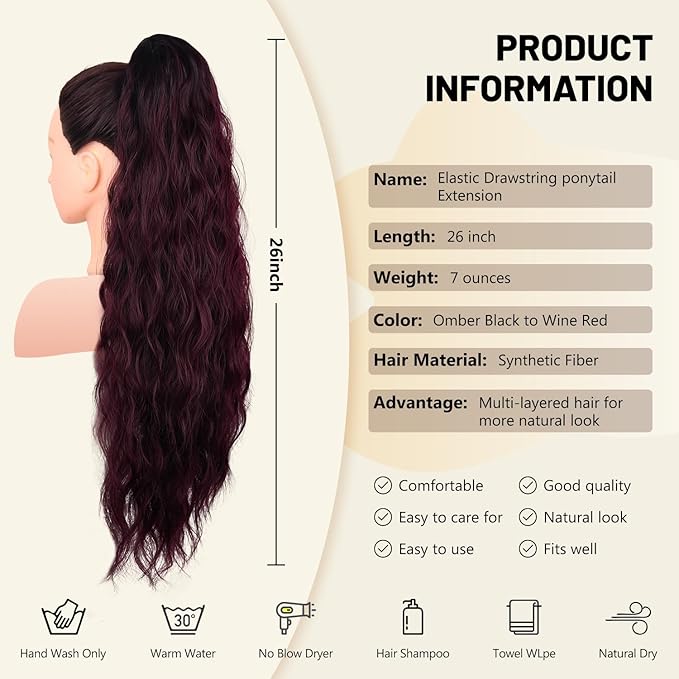 LEEONS 26 inch Drawstring ponytail Extension, Long Wavy pony tails hair extensions for Women - Synthetic Hairpiece Ponytail for Daily Use (Omber Black to Wine Red)