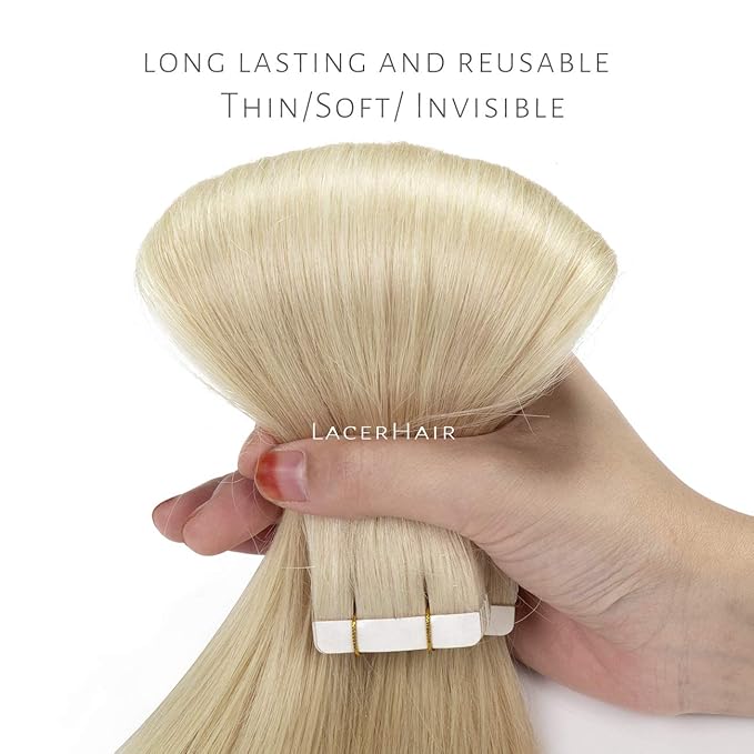 Lacer Tape in Hair Extension Human Hair Natural Dip Dyed Light Platinum Blonde Invisible PU Skin Weft 100% Human Hair Extensions Tape ins Double Sided Weft 50g 20pcs/set 20 inch