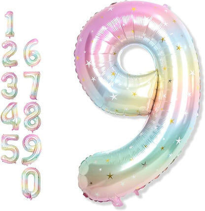 Big Number 9 Balloons, Rainbow Colorful Stars Foil 9 Balloon Numbers 40 Inch by Froova