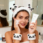 6PCS Cute Cat Ears Spa Headband for Washing Face Makeup Skincare Headband with Wrist Bands, Sleepover Party Supplies for Women/Teen Girl Trendy Stuff Present (6PCS Panda, standard size)