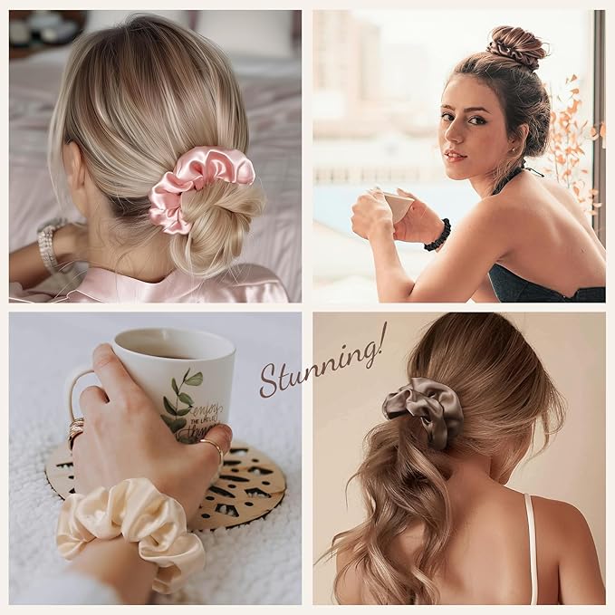 LULUSILK Silk Scrunchies for Hair Sleep, 100% Real Mulberry Silk, No Damage Hair Ties for Women and Girls, Black White and Light Brown, Pack of 3