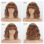 MISSQUEEN Light Brown Wavy Wig with Bangs Short Synthetic Curly Blonde Brown Highlight Wigs Heat Resistant Synthetic Fibre Wigs for Women Girls Daily Party Holiday Festival Chrismas Used