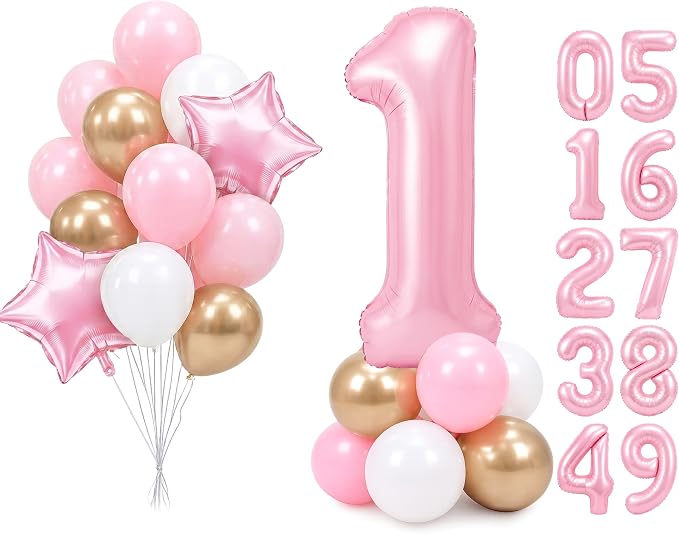 PartyWoo Number Balloons 40 Inch Pink Number 1 Kit 25pcs by PartyWoo
