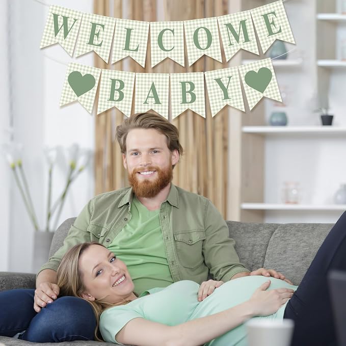 Hahafelt 1 Pcs Sage Green Gingham Welcome Baby Banner - Image 7
