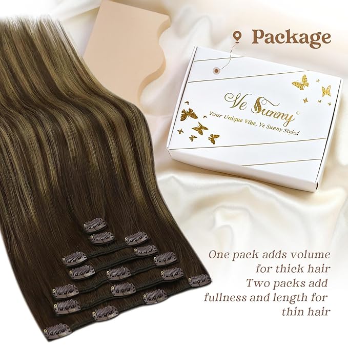 Ve Sunny Balayage Clip in Hair Extensions Human Hair Clip in Extensions Ombre Dark Brown Roots with Caramel Blonde Balayage Clip in Hair Extensions Real Human Hair 18inch 120g 7pcs