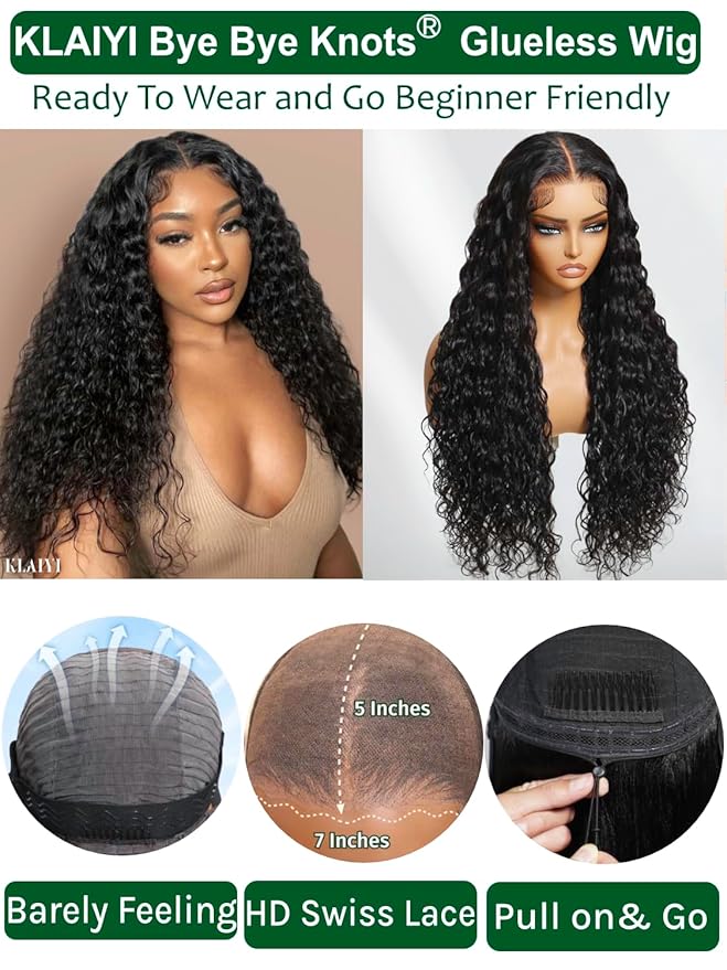 KLAIYI Water Wave Bye Bye Knots Glueless Wig Human Hair 7x5Precut Lace Front Pre Plucked Bleached Wear and Go Wig with Curly Baby Hair Drawstring 3S Ready to Go Pre Everything Beginner Friendly 24Inch