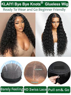 KLAIYI Water Wave Bye Bye Knots Glueless Wig Human Hair 7x5Precut Lace Front Pre Plucked Bleached Wear and Go Wig with Curly Baby Hair Drawstring 3S Ready to Go Pre Everything Beginner Friendly 16Inch